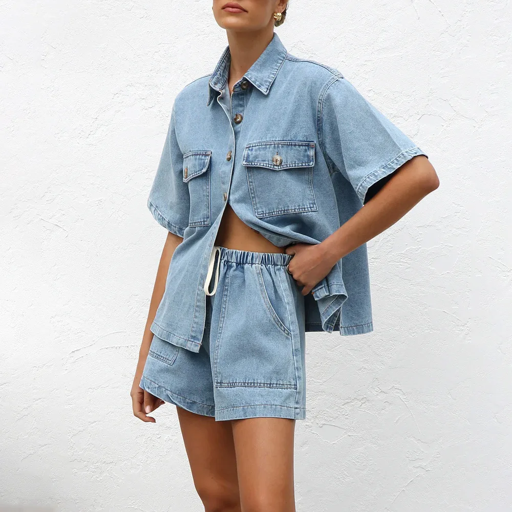 2025 Summer Women Denim Shorts Set Elegant Chic Short Sleeve Pocket Loose Shirt Top Straight Shorts Jeans Two Piece Set Outfits
2025 Summer Women Denim Shorts Set Elegant Chic Short Sleeve Pocket Loose Shirt Top Straight Shorts Jeans Two Piece Set Outfits