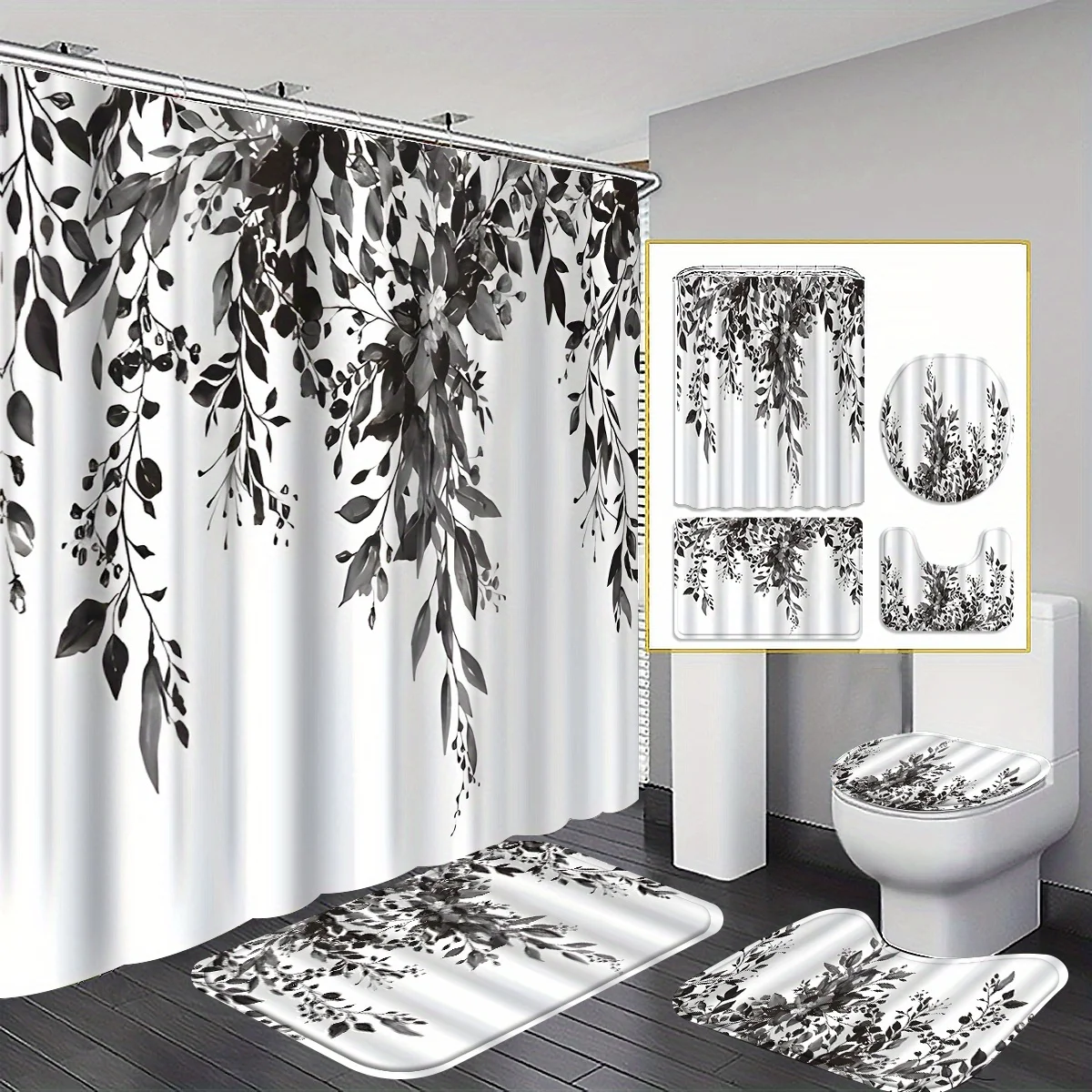 Набор из 4 занавесок для душа из твердых листьев — элегантный черно-белый цветочный узор, включает U-образный коврик для ванной и сиденье для унитаза. 
Набор из 4 занавесок для душа из твердых листьев — элегантный черно-белый цветочный узор, включает U-образный коврик для ванной и сиденье для унитаза.