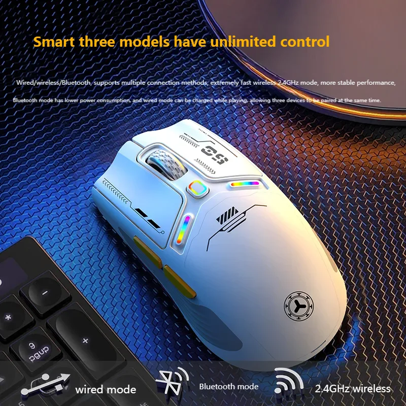 RGB Backlight Wireless Gaming Mouse 2.4G+Bluetooth+Wired Tri-Mode Rechargeable Macros Power Display 12000DPI For Esports Gamer 
RGB Backlight Wireless Gaming Mouse 2.4G+Bluetooth+Wired Tri-Mode Rechargeable Macros Power Display 12000DPI For Esports Gamer