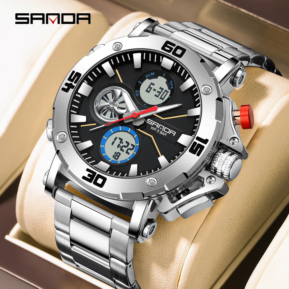 Модные мужские оригинальные спортивные часы SANDA 3350, кварцевые цифровые часы с двойным дисплеем, мужские водонепроницаемые военные часы
Модные мужские оригинальные спортивные часы SANDA 3350, кварцевые цифровые часы с двойным дисплеем, мужские водонепроницаемые военные часы