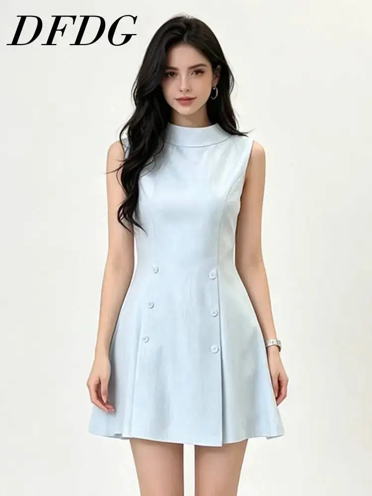 DFDG Women 2026 Spring Summer Stand Collar Sleeveless Mini Dress Double Breasted Slim Waist Elegant Office Casual Dress
DFDG Women 2026 Spring Summer Stand Collar Sleeveless Mini Dress Double Breasted Slim Waist Elegant Office Casual Dress