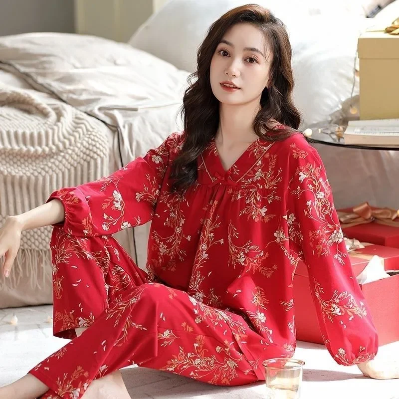Pajamas Women's Cotton Long-sleeved Spring Autumn Loungewear New Wedding Home Service Suit Big Size Casual Loose Sleepwear Set
Pajamas Women's Cotton Long-sleeved Spring Autumn Loungewear New Wedding Home Service Suit Big Size Casual Loose Sleepwear Set