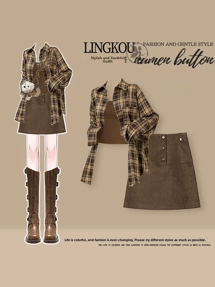 Large Size Spring Autumn Plaid Shirt And Strap Set Women's Vintage Anti-Aging Fashionable Short Skirt Three-Piece Set
Large Size Spring Autumn Plaid Shirt And Strap Set Women's Vintage Anti-Aging Fashionable Short Skirt Three-Piece Set