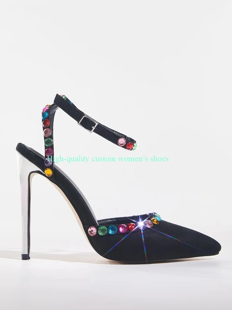 Pointed Colored Rhinestone Decorations Velvet Fabric Luxury Sandals Shallow Ankle Buckle Hollow Out Women's Stilettos 2026
Pointed Colored Rhinestone Decorations Velvet Fabric Luxury Sandals Shallow Ankle Buckle Hollow Out Women's Stilettos 2026