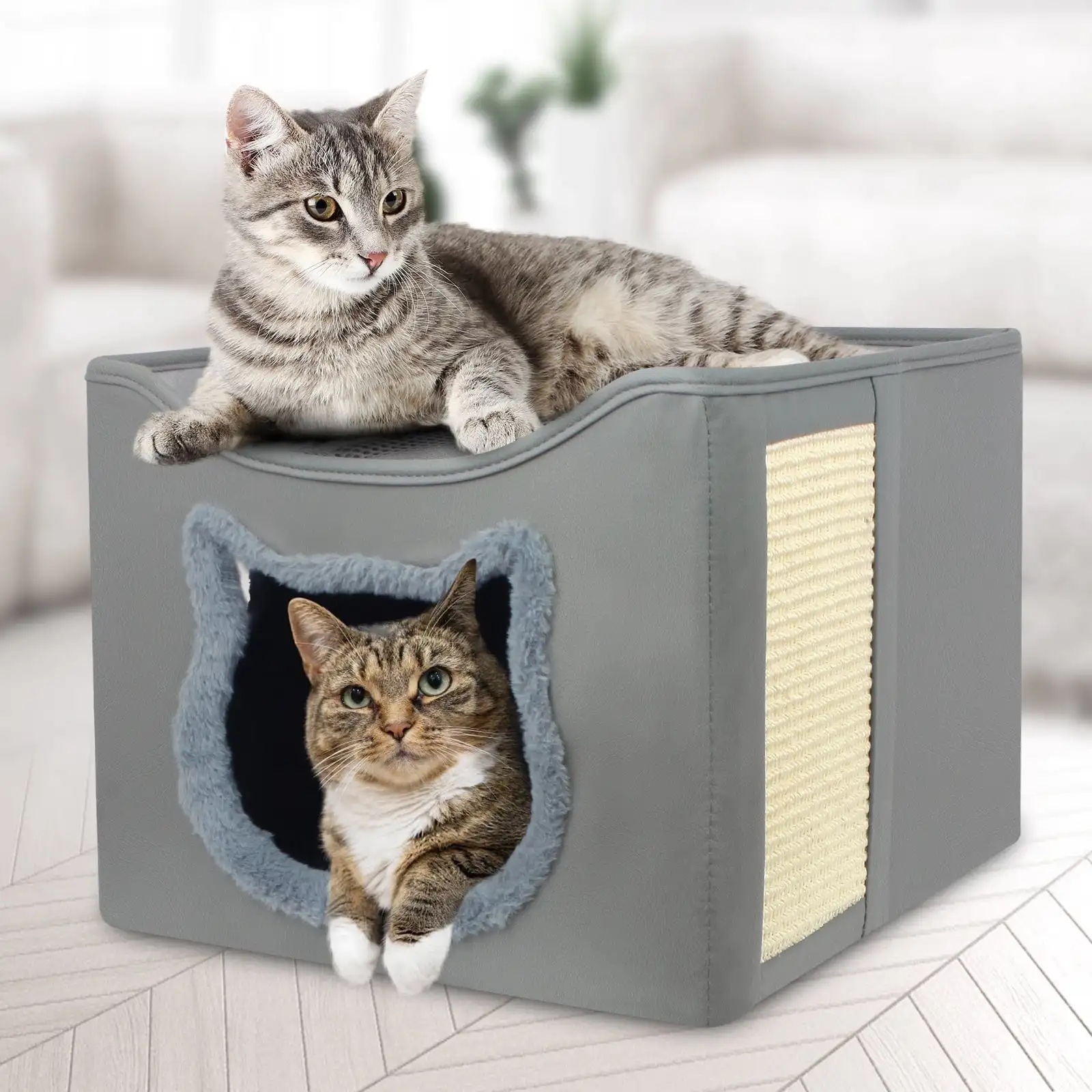 Cat Beds for Indoor Cats, Foldable Square Comfortable Pet Cave Bed & Furniture, with Scratching Pad and 2 Cushion, Grey
Cat Beds for Indoor Cats, Foldable Square Comfortable Pet Cave Bed & Furniture, with Scratching Pad and 2 Cushion, Grey