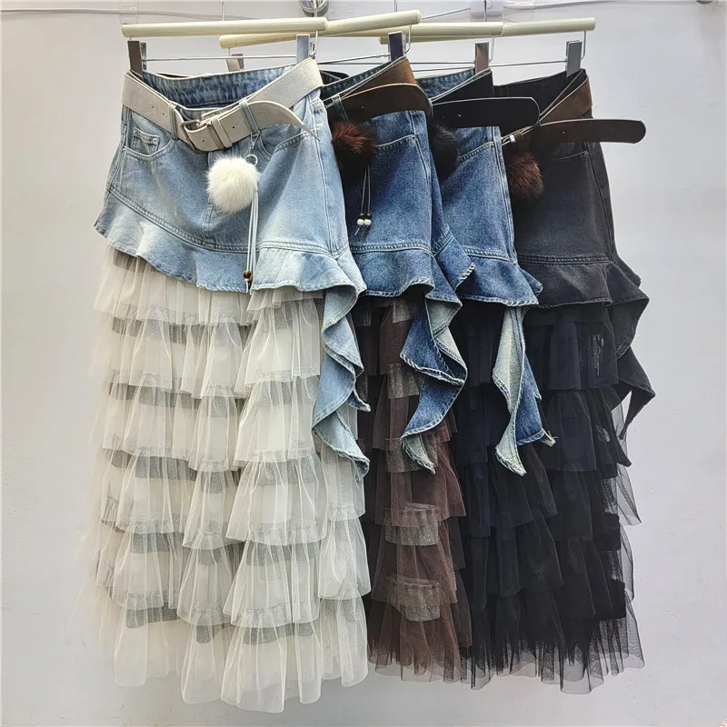 2026 New Retro Denim Ruffle Irregular Splicing Tulle Midi Skirt Women High Waist Slimming A Line Cake Skirt
2026 New Retro Denim Ruffle Irregular Splicing Tulle Midi Skirt Women High Waist Slimming A Line Cake Skirt
