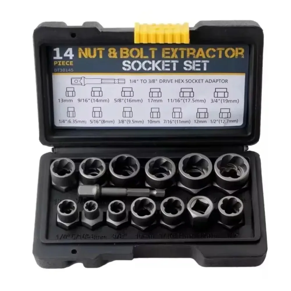 14 Pieces Impact Bolt Nut Remover Set Cr-Mo Steel Bolt Extractor Tool Set for Industrial Nut Extractor Folding Tool
14 Pieces Impact Bolt Nut Remover Set Cr-Mo Steel Bolt Extractor Tool Set for Industrial Nut Extractor Folding Tool