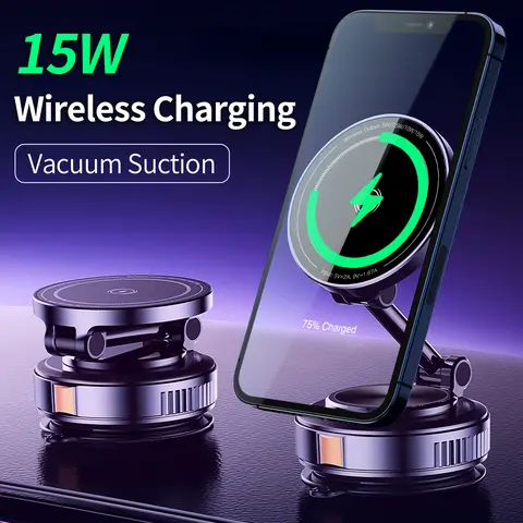 Vacuum Suction Cup 15W Wireless Charger Magnetic Phone Car Mount, Metal Support Rod with 4-Axis Rotation Adjustment, Foldable Storage, Dual-Purpose Phone Holder for Home and Car Navigation - Suitable for Glass and Other Smooth Surfaces