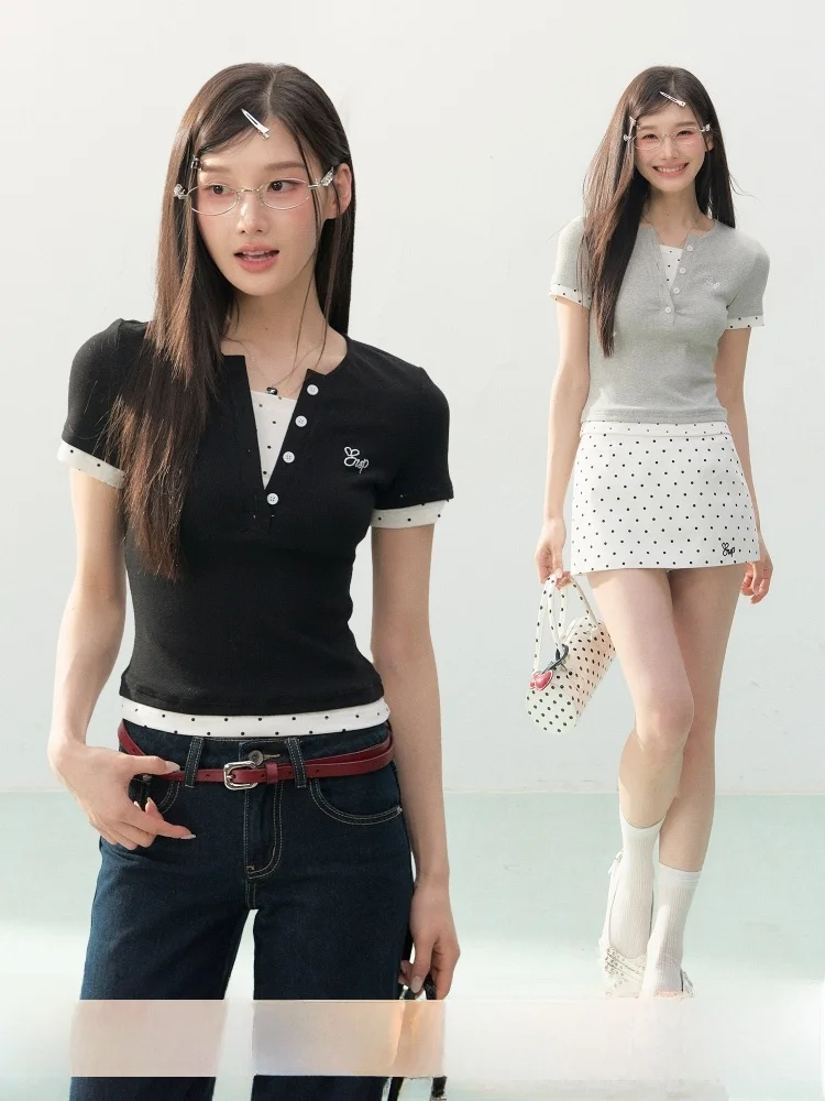 ELEVEN SP Summer Polka Dot Splice Fake Two Piece ort Sve T irt Women's Korean Sle Slim Fit ort Length Top
ELEVEN SP Summer Polka Dot Splice Fake Two Piece ort Sve T irt Women's Korean Sle Slim Fit ort Length Top