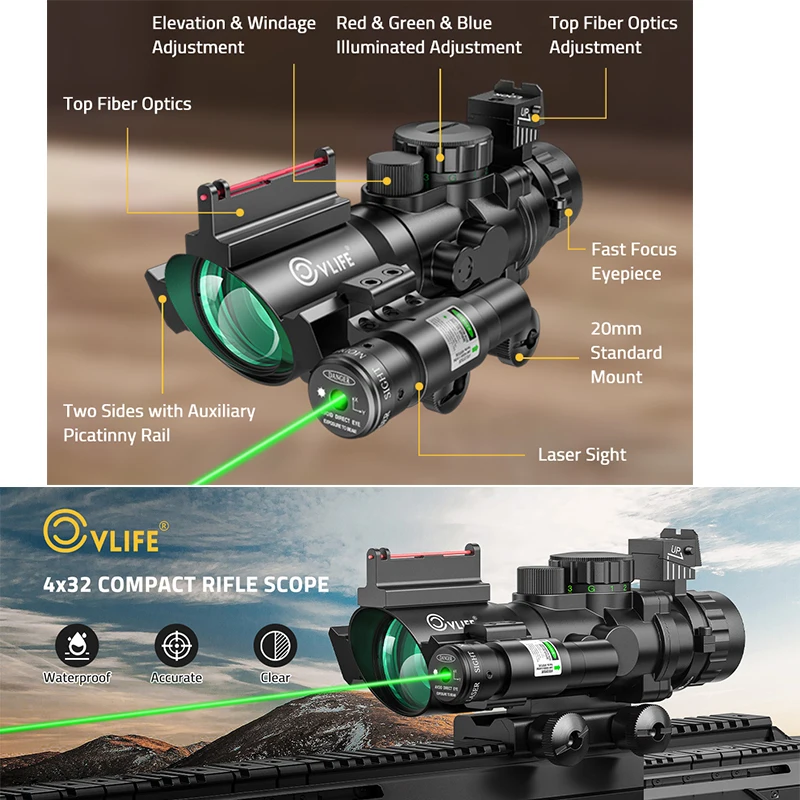 CVLIFE 4x32 Prism Tactical Rifle Scope Red & Green & Blue Illuminated Reticle Riflescope with Fiber Optic & Green Laser Sight
CVLIFE 4x32 Prism Tactical Rifle Scope Red & Green & Blue Illuminated Reticle Riflescope with Fiber Optic & Green Laser Sight