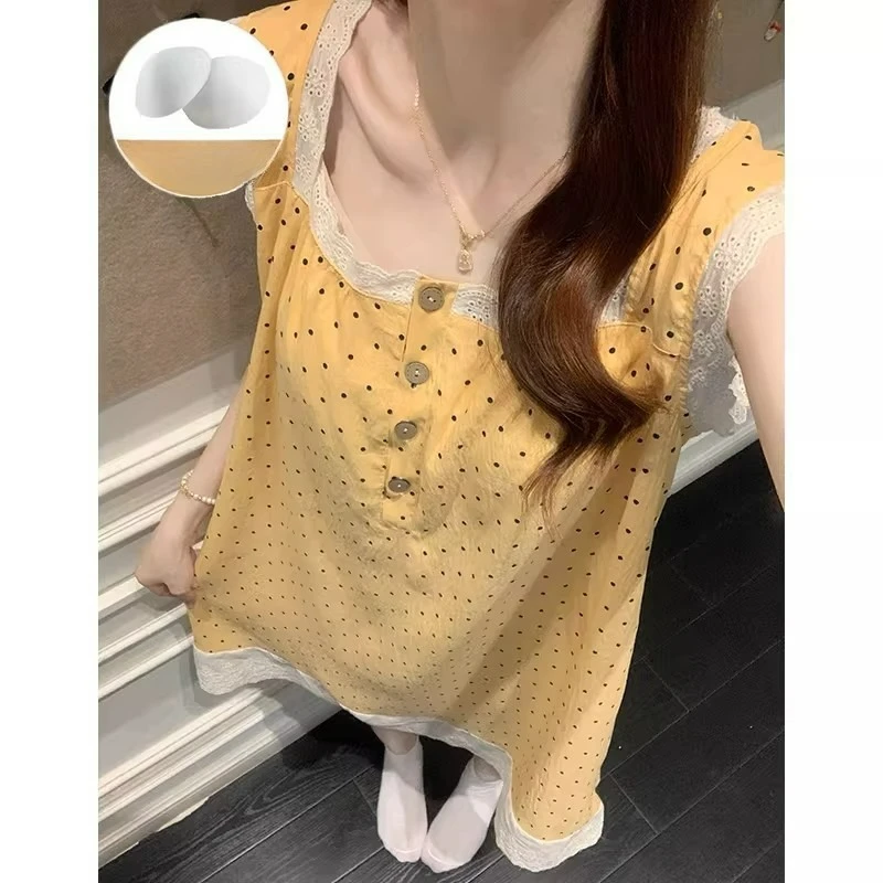 Square Collar Nightdress Women's Summer Short-sleeved Pajamas Polka Dot Dress with Chest Pad Loungewear High Sense
Square Collar Nightdress Women's Summer Short-sleeved Pajamas Polka Dot Dress with Chest Pad Loungewear High Sense