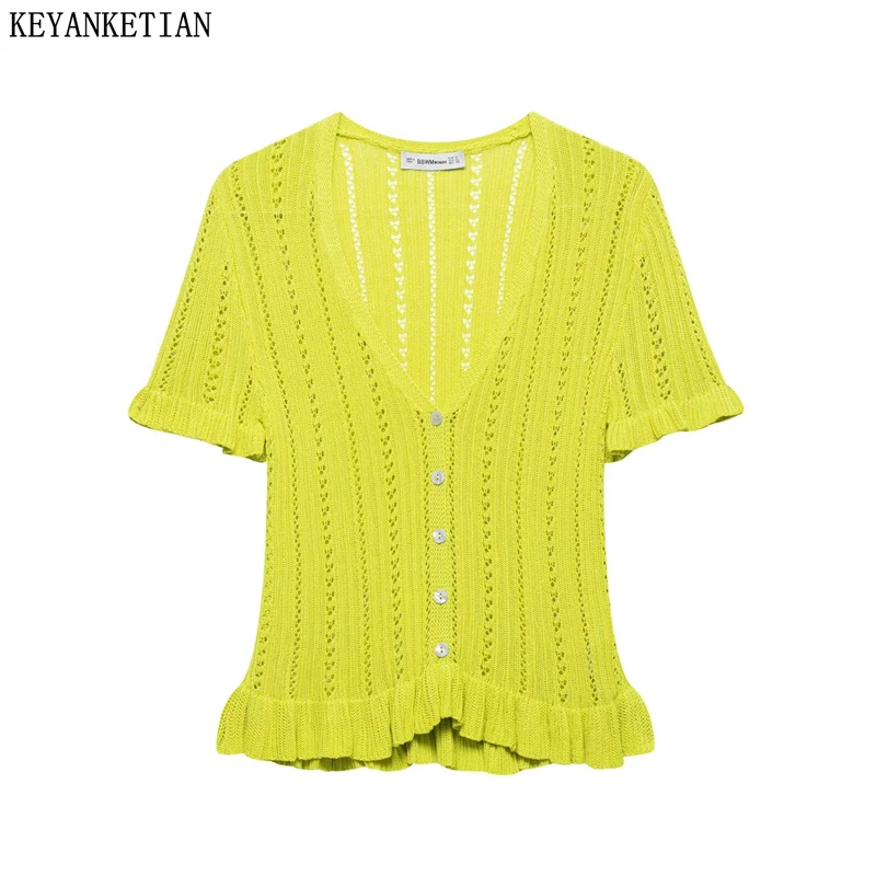 KEYANKETIAN Summer New Holiday wind Tiered Ruffles Decoration Hollow out Jacquard Knitted Top Women's Short Sleeve Knit Shirt
KEYANKETIAN Summer New Holiday wind Tiered Ruffles Decoration Hollow out Jacquard Knitted Top Women's Short Sleeve Knit Shirt