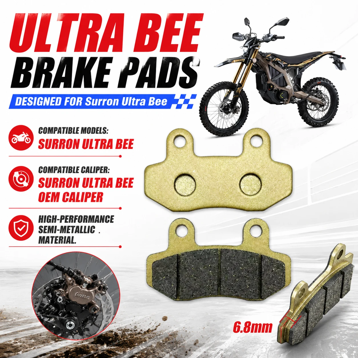Ultra Bee Brake Pads Semi-Metallic 2 Pairs for Surron Ultra Bee Electric Dirt Bike Front Rear Hydraulic Replacemen
Ultra Bee Brake Pads Semi-Metallic 2 Pairs for Surron Ultra Bee Electric Dirt Bike Front Rear Hydraulic Replacemen