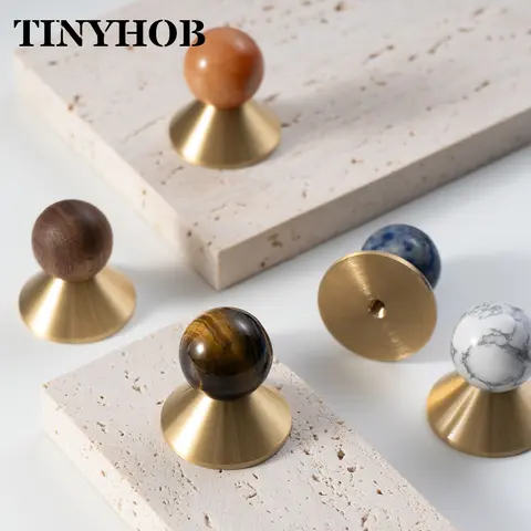 Tinyhob Natural Stone Ball Cabinet Knob Brass Base Drawer Pull Handle Luxury Furniture Hardware for Cupboard Wardrobe Dresser