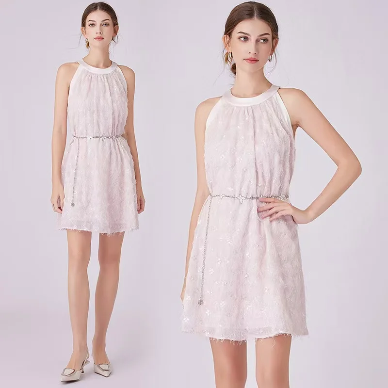 Spring and summer French style slimming pearl short style hanging neck sweet pink dress summer clothing for women streetwear
Spring and summer French style slimming pearl short style hanging neck sweet pink dress summer clothing for women streetwear