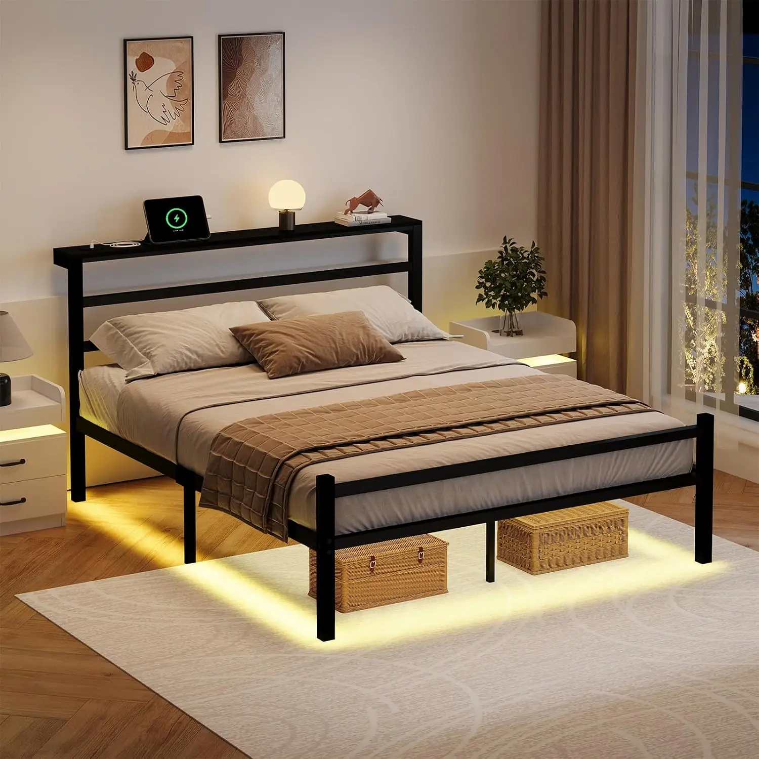 LED Bed Frame USB Shelf Heavy Duty Slats No Box Spring Noise Free, Customized
LED Bed Frame USB Shelf Heavy Duty Slats No Box Spring Noise Free, Customized