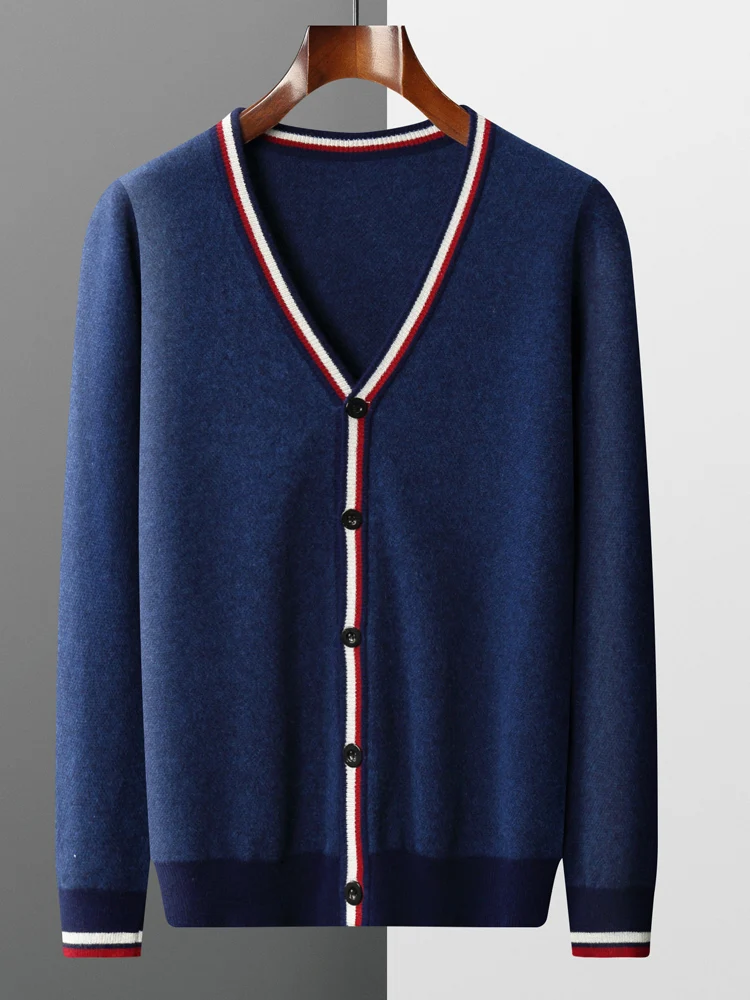 Autumn Winter Basic Men's Sweater Cardigan Clothing 100% Merino Wool Sweater Smart Casual Thick Warm V-Neck Color Bar Outerwears
Autumn Winter Basic Men's Sweater Cardigan Clothing 100% Merino Wool Sweater Smart Casual Thick Warm V-Neck Color Bar Outerwears