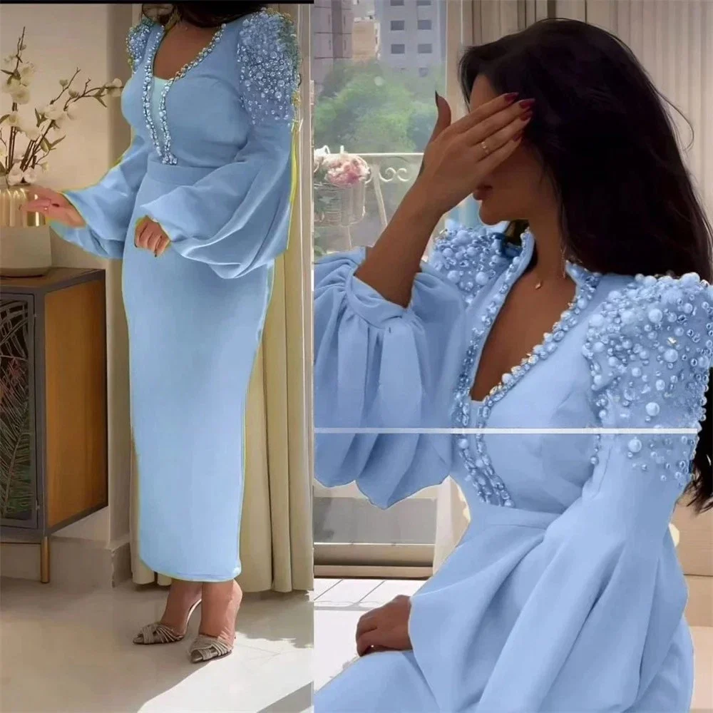Elegant Straight Prom Dress Ankle-Length Satin Formal Party Gown Pearls Crystals Beaded Long Sleeves Evening Dress Customized
Elegant Straight Prom Dress Ankle-Length Satin Formal Party Gown Pearls Crystals Beaded Long Sleeves Evening Dress Customized