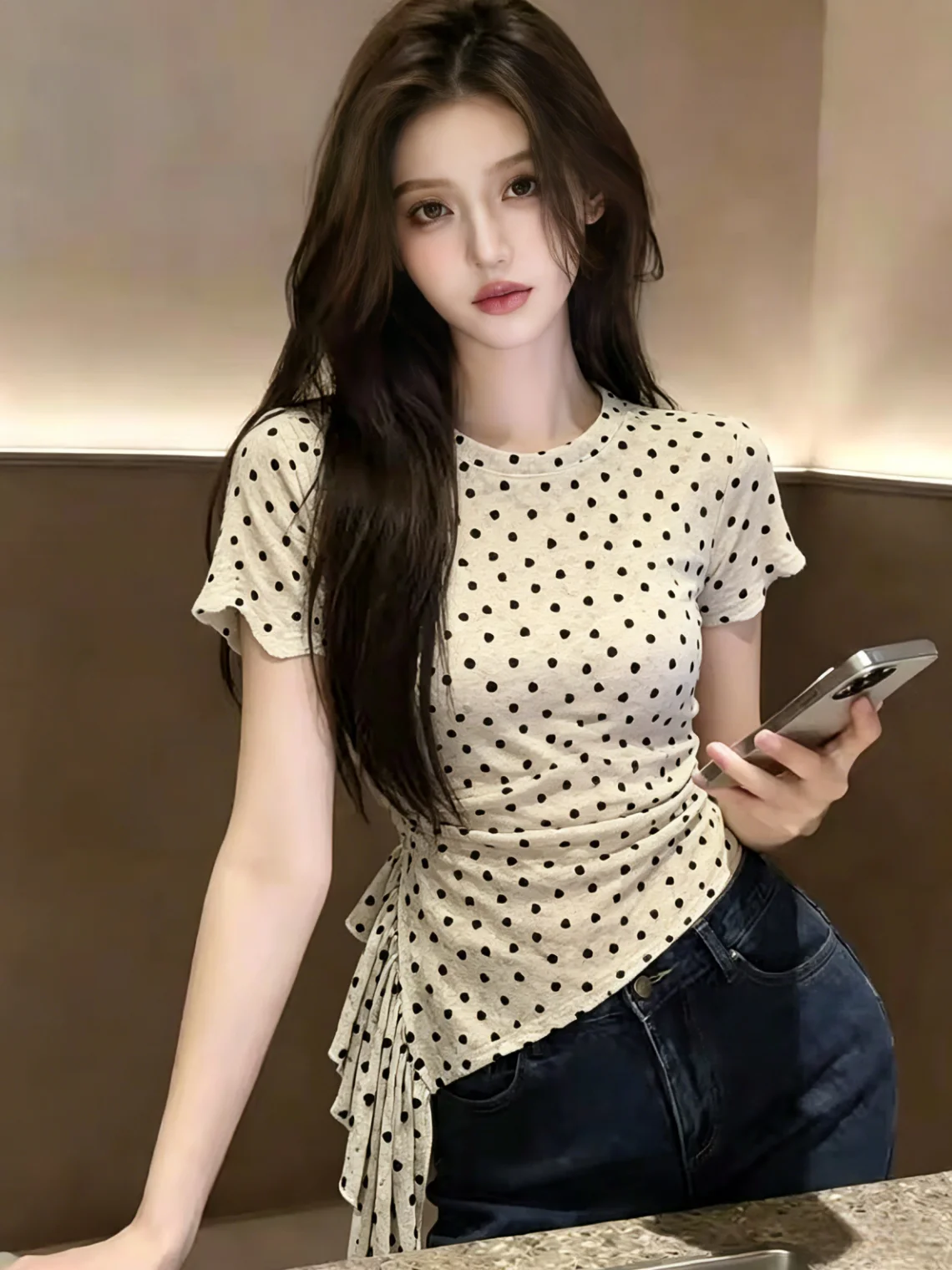 Summer New Polka Dot Short Sleeve T-Shirt Women's Self-Kept Design Asymmetrical Hemline Waist-Cinching Top Korean Style
Summer New Polka Dot Short Sleeve T-Shirt Women's Self-Kept Design Asymmetrical Hemline Waist-Cinching Top Korean Style