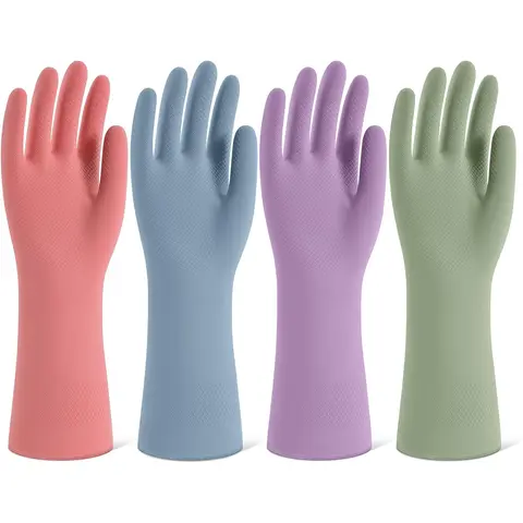 4 Pairs Colorful Rubber Cleaning Gloves for Dish-washing Reusable Kitchen Gloves for Household with Flocked Lining