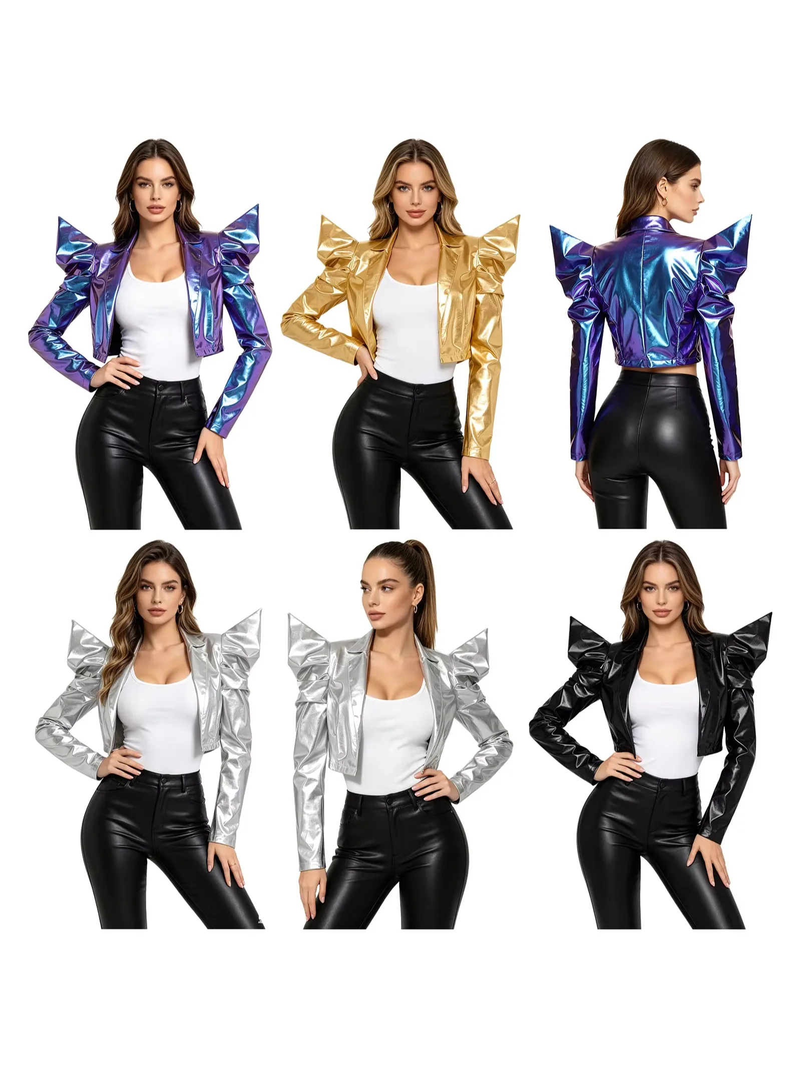 Women Shiny Metallic Crop Jacket Dramatic Puff Sleeve Long Sleeve Open Front Lapel Crop Blazer Hip Hop Club Halloween Costume
Women Shiny Metallic Crop Jacket Dramatic Puff Sleeve Long Sleeve Open Front Lapel Crop Blazer Hip Hop Club Halloween Costume