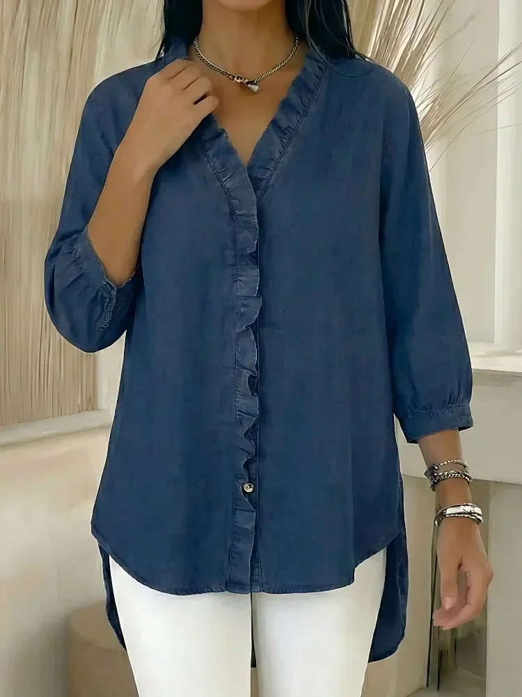 Casual Ruffled Denim Loose Shirt Women Solid V-neck Half Sleeve Single Breasted Oversized Blouse 2026 New Spring Commute Shirts
Casual Ruffled Denim Loose Shirt Women Solid V-neck Half Sleeve Single Breasted Oversized Blouse 2026 New Spring Commute Shirts