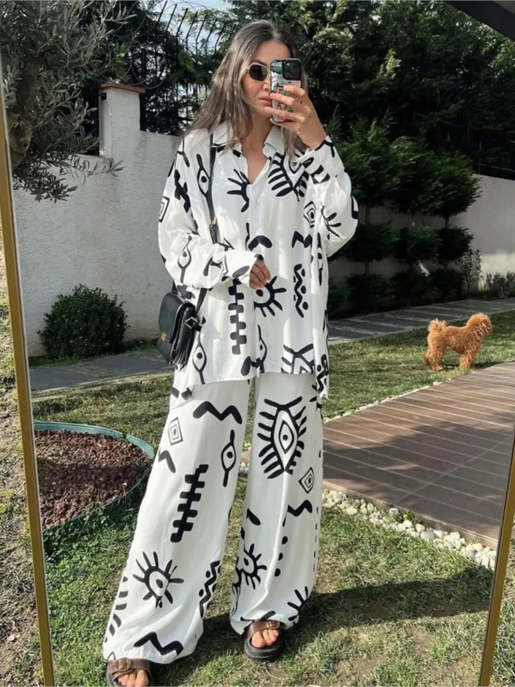 Fashion Loose Print Pants Sets Women Bat Sleeve Shirts Wide Legs Trousers Two Piece Set Casual Lady Commuting Suit Spring Autumn
Fashion Loose Print Pants Sets Women Bat Sleeve Shirts Wide Legs Trousers Two Piece Set Casual Lady Commuting Suit Spring Autumn