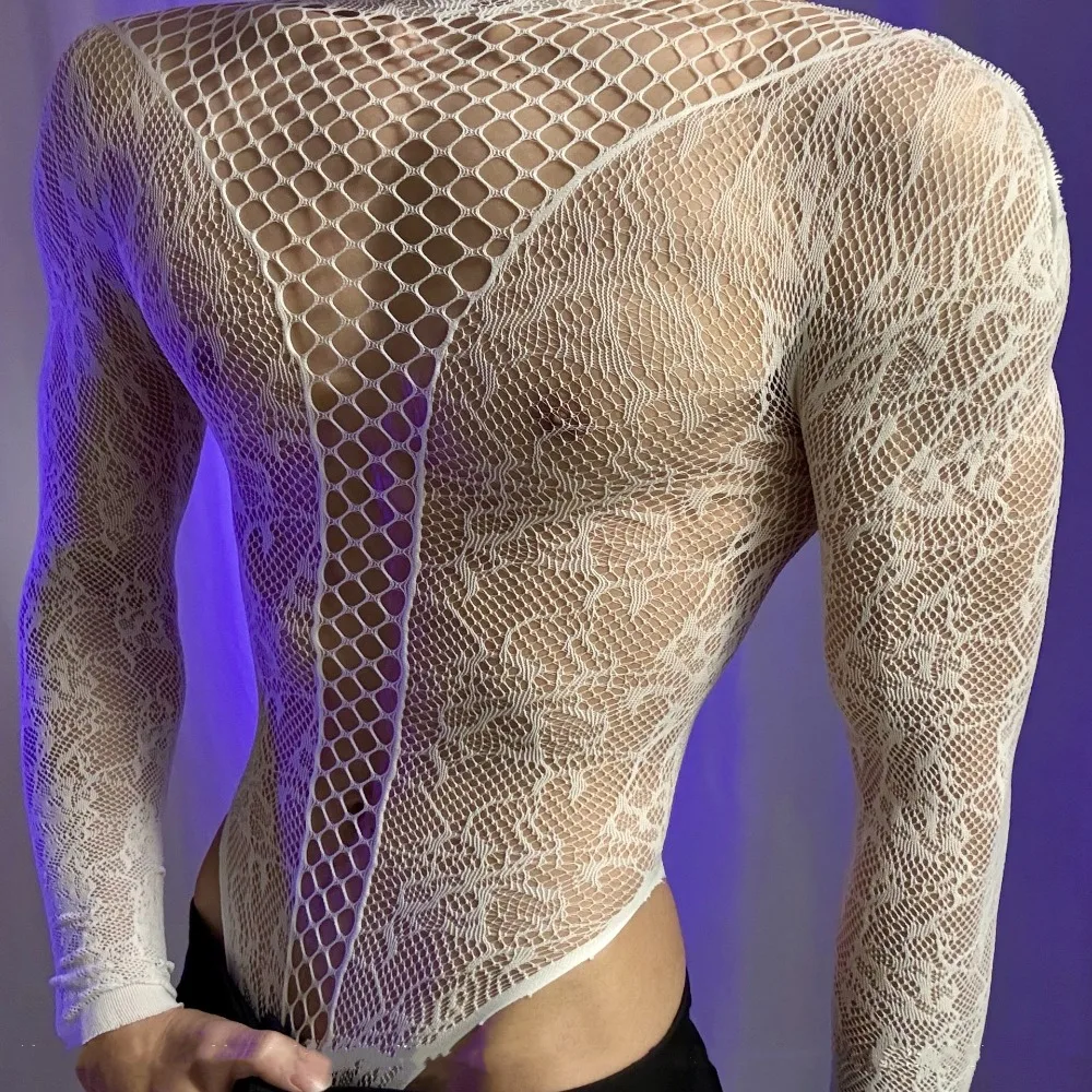 Fishnet Bodysuit for Men Sexy Lingerie Long Sleeves Sheer Mesh One Piece Lace Jumpsuit Club Party Dance Rave Outfits
Fishnet Bodysuit for Men Sexy Lingerie Long Sleeves Sheer Mesh One Piece Lace Jumpsuit Club Party Dance Rave Outfits