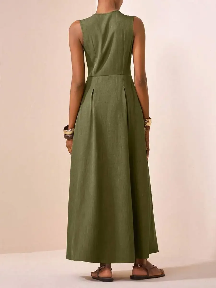 Olive Green Sleeveless Maxi Dress, Round Neck, Back Half-Zip, A-Line Pleated Skirt, Casual Elegant For Daily, Travel, Party
Olive Green Sleeveless Maxi Dress, Round Neck, Back Half-Zip, A-Line Pleated Skirt, Casual Elegant For Daily, Travel, Party