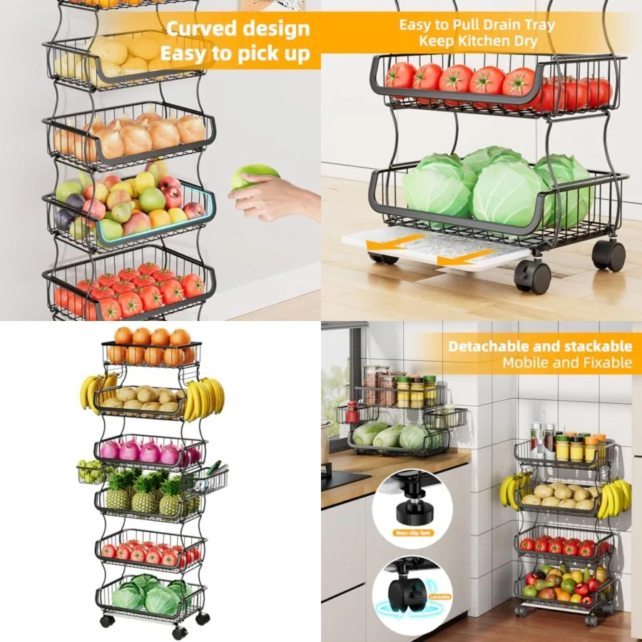 Rolling Cart, Stackable Fruit Vegetable Basket with Wheels and 2 Hanging Basket, Kitchen Storage Metal Wire Basket Stand for Ve
Rolling Cart, Stackable Fruit Vegetable Basket with Wheels and 2 Hanging Basket, Kitchen Storage Metal Wire Basket Stand for Ve