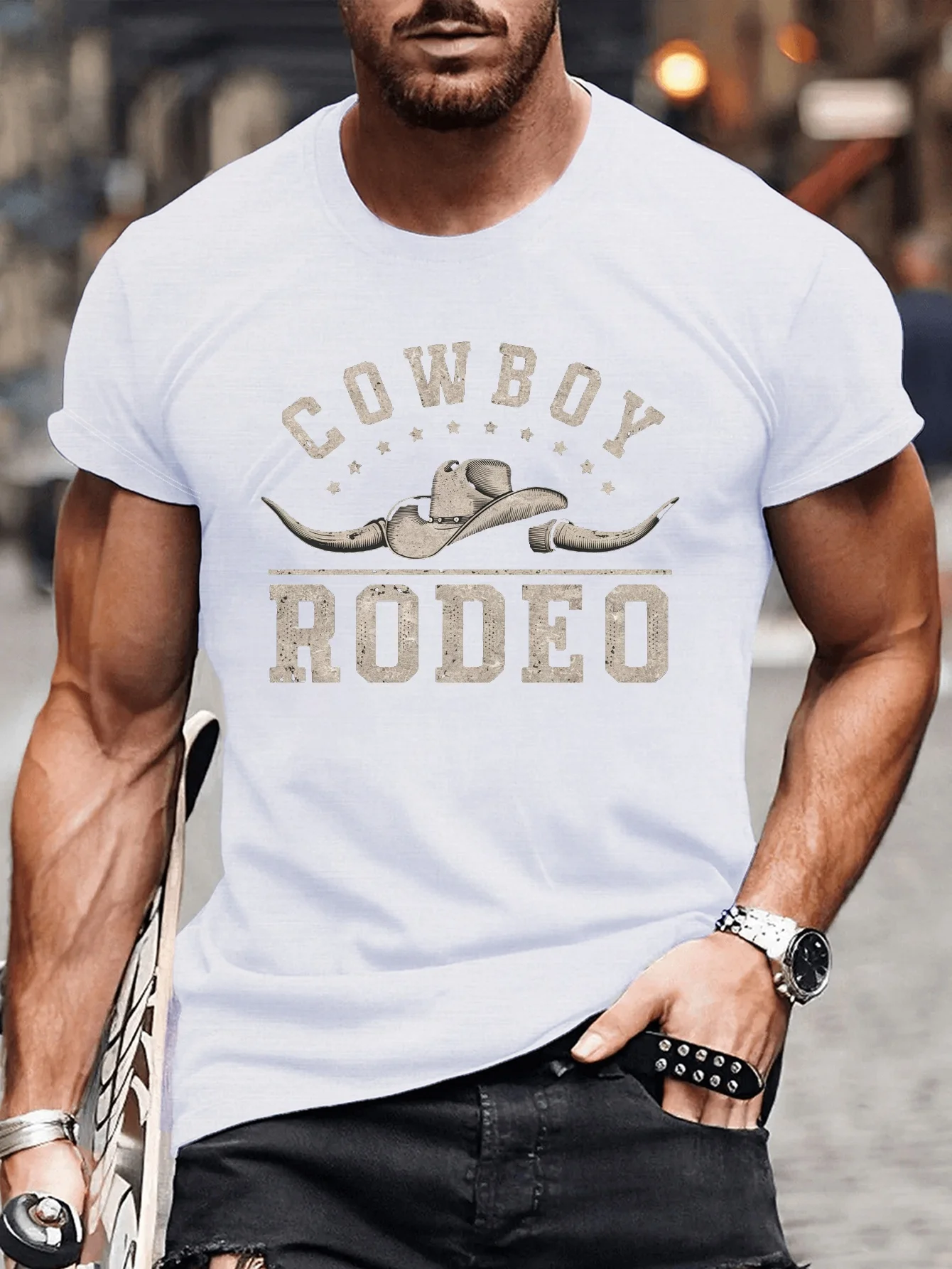 Men's Rodeo Graphic T-Shirt - Rugged Cowboy Print Short Sleeve Tee, Breathable Summer Shirt with Western Design
Men's Rodeo Graphic T-Shirt - Rugged Cowboy Print Short Sleeve Tee, Breathable Summer Shirt with Western Design
