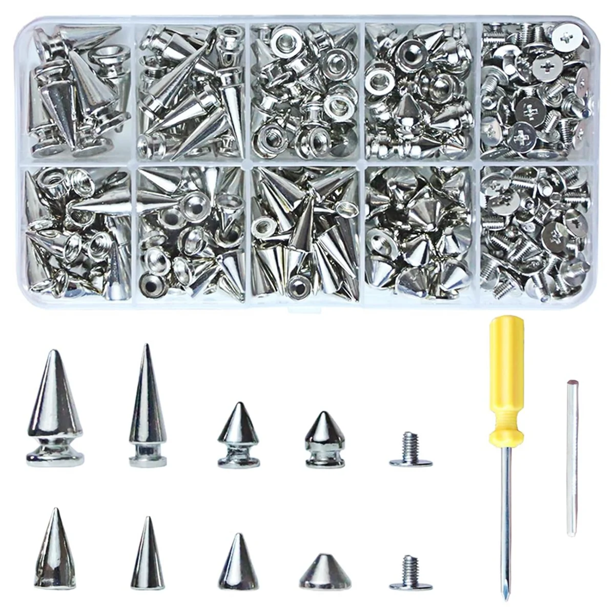 354 PCS Punk Spikes and Studs Kit,8 Size Cone Spikes,Metal Tree Spikes Studs for LeathercABEGt and Punk Style Clothing
354 PCS Punk Spikes and Studs Kit,8 Size Cone Spikes,Metal Tree Spikes Studs for LeathercABEGt and Punk Style Clothing