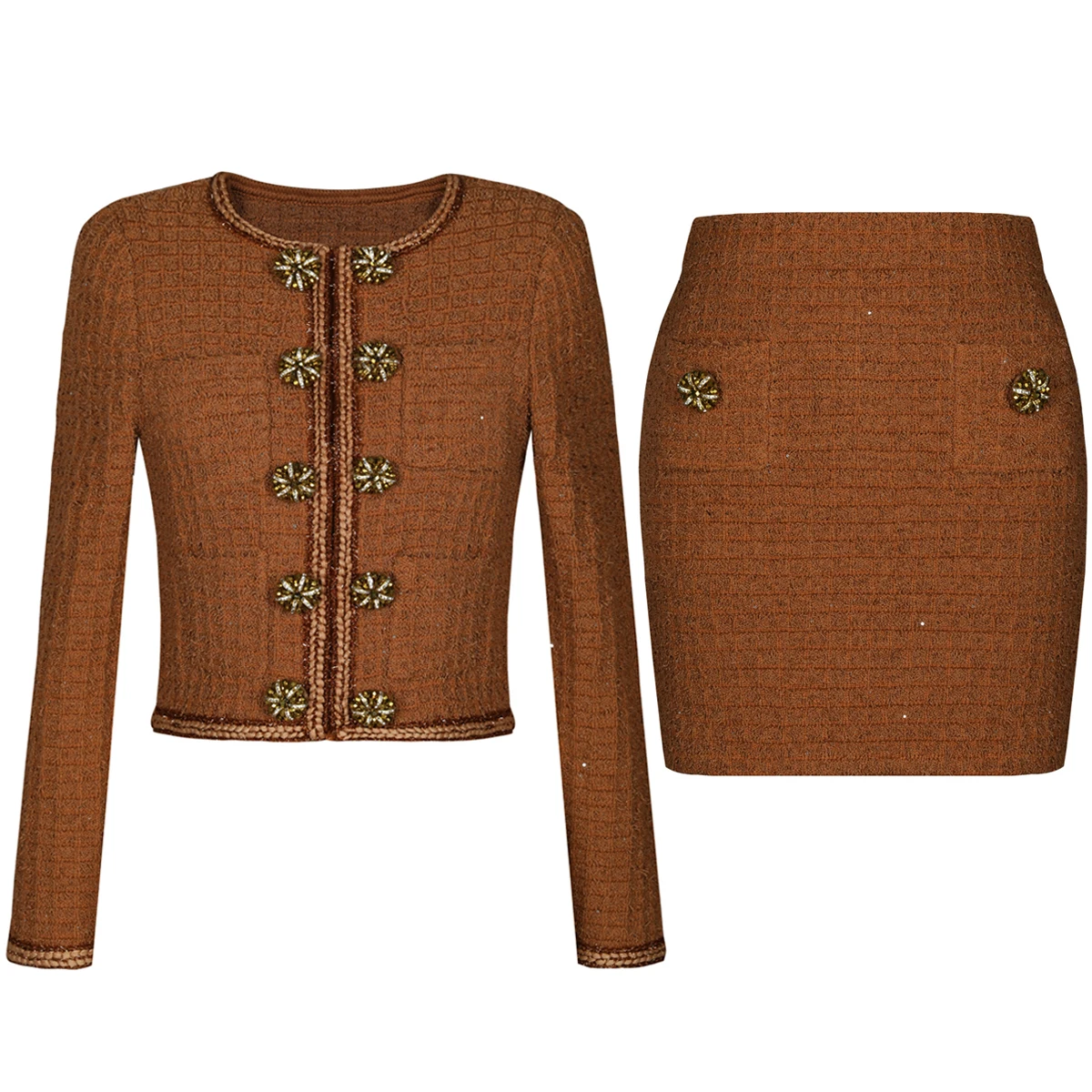 High Quality Autumn New Fashion Elastic Knitted Round Neck Big Button Long Sleeved Cardigan Slim Fit Short Skirt Women's Set
High Quality Autumn New Fashion Elastic Knitted Round Neck Big Button Long Sleeved Cardigan Slim Fit Short Skirt Women's Set