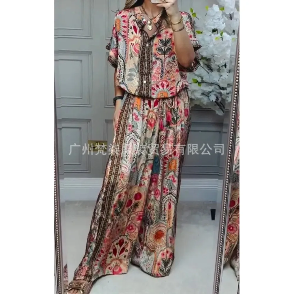 New Fashion Retro Printed Short-sleeved Shirt Women's Set Spring Summer Casual Loose Wide-leg Trousers Elegant Female 2piece Set
New Fashion Retro Printed Short-sleeved Shirt Women's Set Spring Summer Casual Loose Wide-leg Trousers Elegant Female 2piece Set