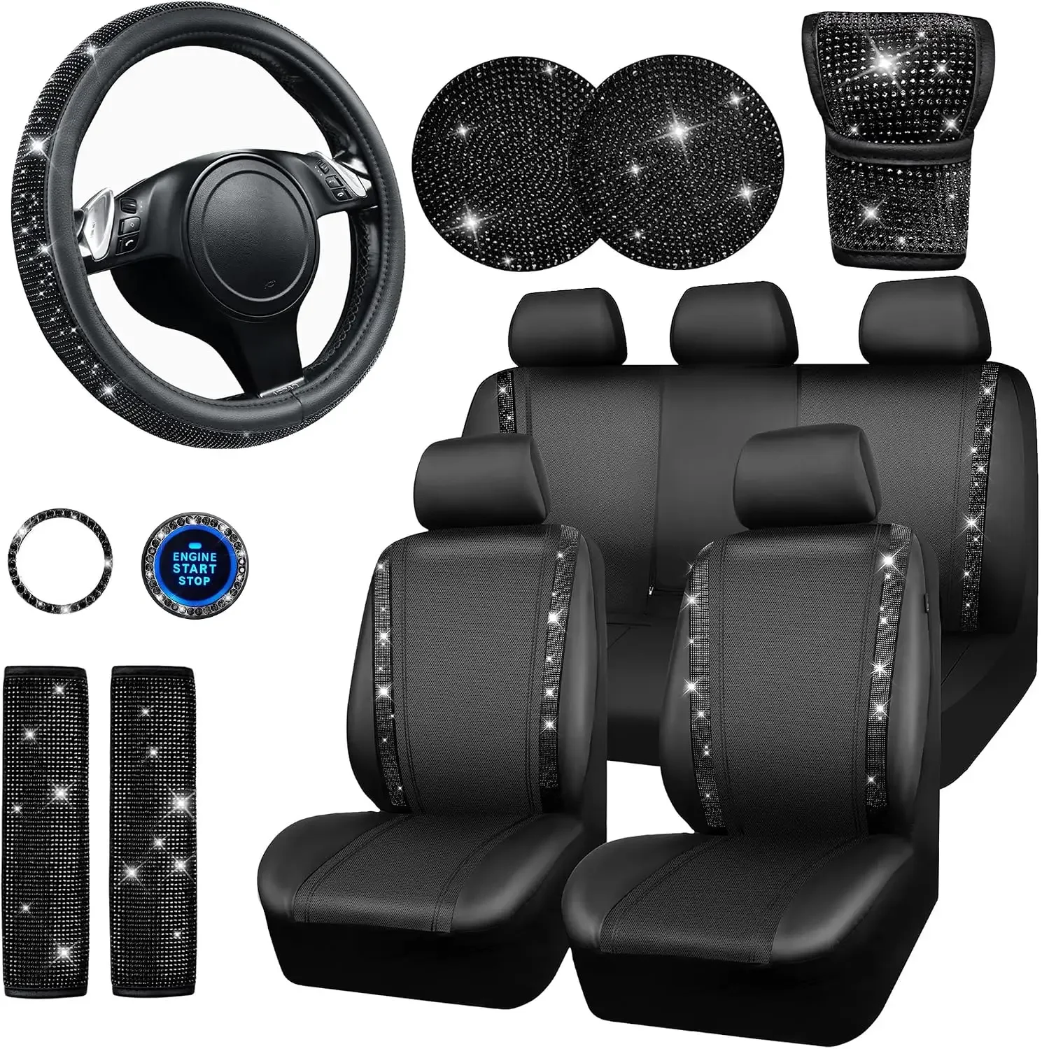 Leather Bling Seat Covers Full Set 16 Pcs, Diamond Car Accessories for Women, Sparkly Rhinestone Steering Wheel Cover, Glitter Car Interior Set
Leather Bling Seat Covers Full Set 16 Pcs, Diamond Car Accessories for Women, Sparkly Rhinestone Steering Wheel Cover, Glitter Car Interior Set