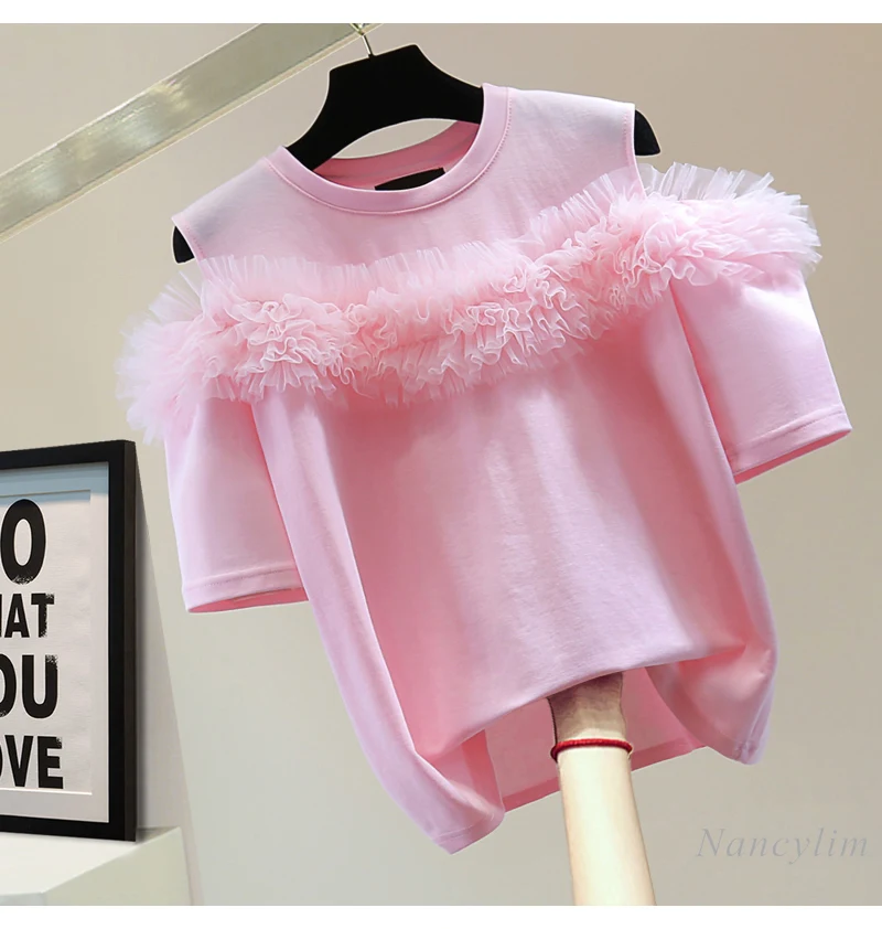 Mesh Stitching Off-shoulder Short-sleeved Crew Neck T-shirt Women 2025 Spring and Summer New Korean Ruffle Edge Top Pink Tees
Mesh Stitching Off-shoulder Short-sleeved Crew Neck T-shirt Women 2025 Spring and Summer New Korean Ruffle Edge Top Pink Tees