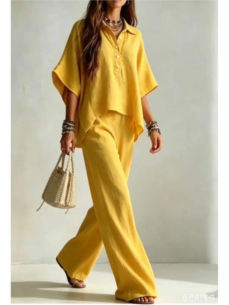 Women's New Solid Color Pants Set Spring Summer Half-sleeved Shirt Loose Wide-leg Trousers Two-piece Set Fashion Vacation Suit
Women's New Solid Color Pants Set Spring Summer Half-sleeved Shirt Loose Wide-leg Trousers Two-piece Set Fashion Vacation Suit