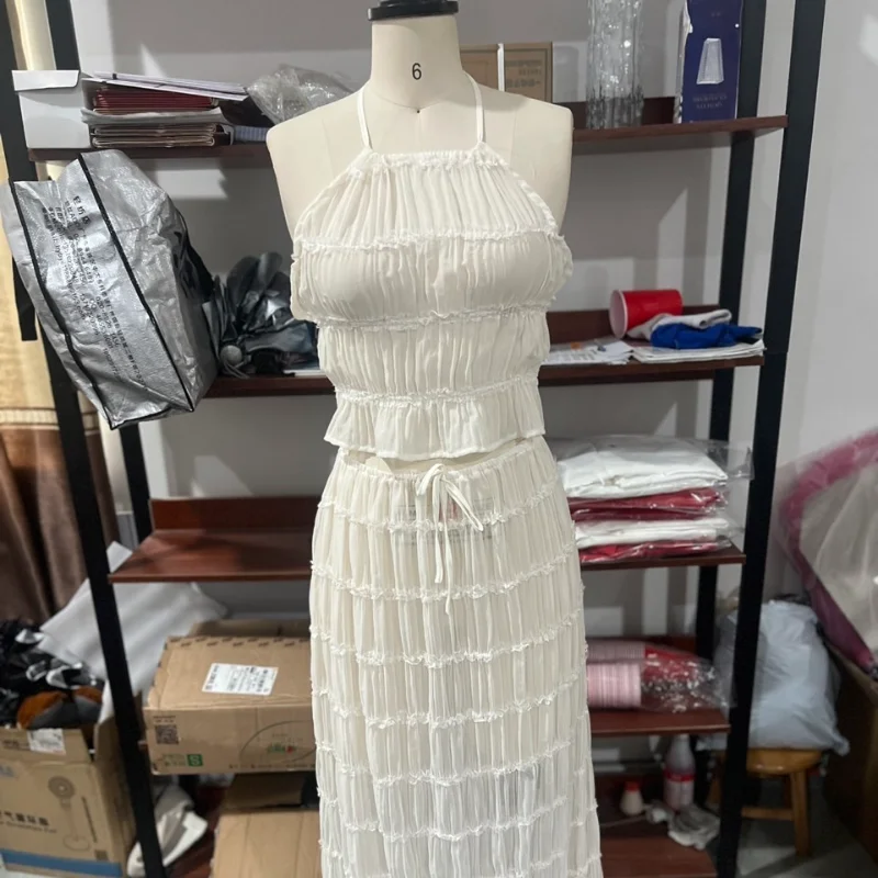 Women White Halter Two Piece Skirt Set Ruffle Shirred Crop Top Drawstring Midi Long Skirt Summer Beach Matching Outfits
Women White Halter Two Piece Skirt Set Ruffle Shirred Crop Top Drawstring Midi Long Skirt Summer Beach Matching Outfits