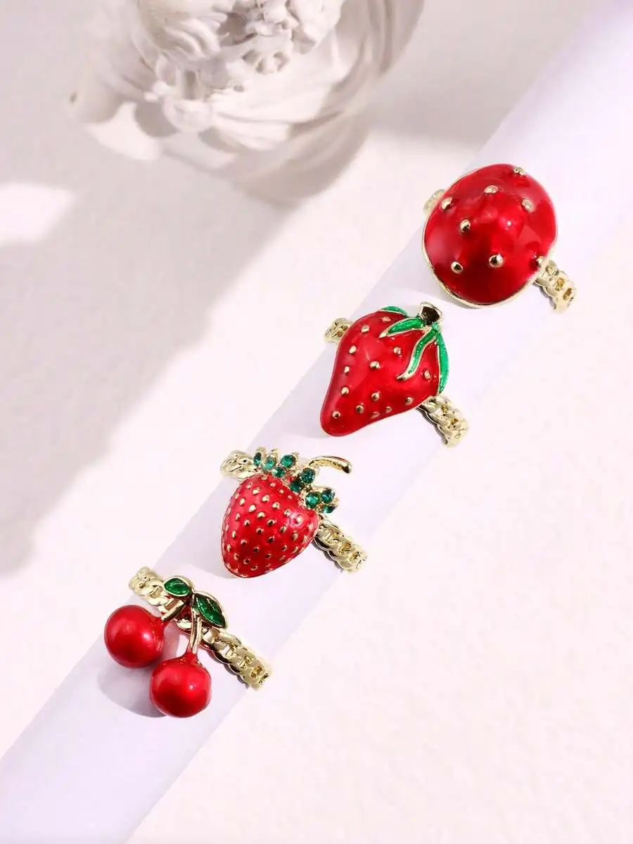 4pcs Red Enamel Strawberry Cherry Fruit Ring Set For Women Fashion Cocktail Rings
4pcs Red Enamel Strawberry Cherry Fruit Ring Set For Women Fashion Cocktail Rings