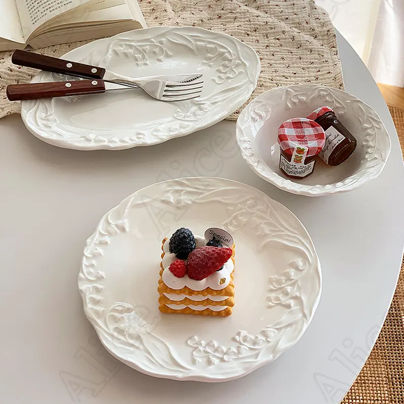 French Lily of The Valley Ceramic Plate Simple Solid Color Relief Texture Tableware Home Breakfast Bread Dessert Dinner Plates
French Lily of The Valley Ceramic Plate Simple Solid Color Relief Texture Tableware Home Breakfast Bread Dessert Dinner Plates