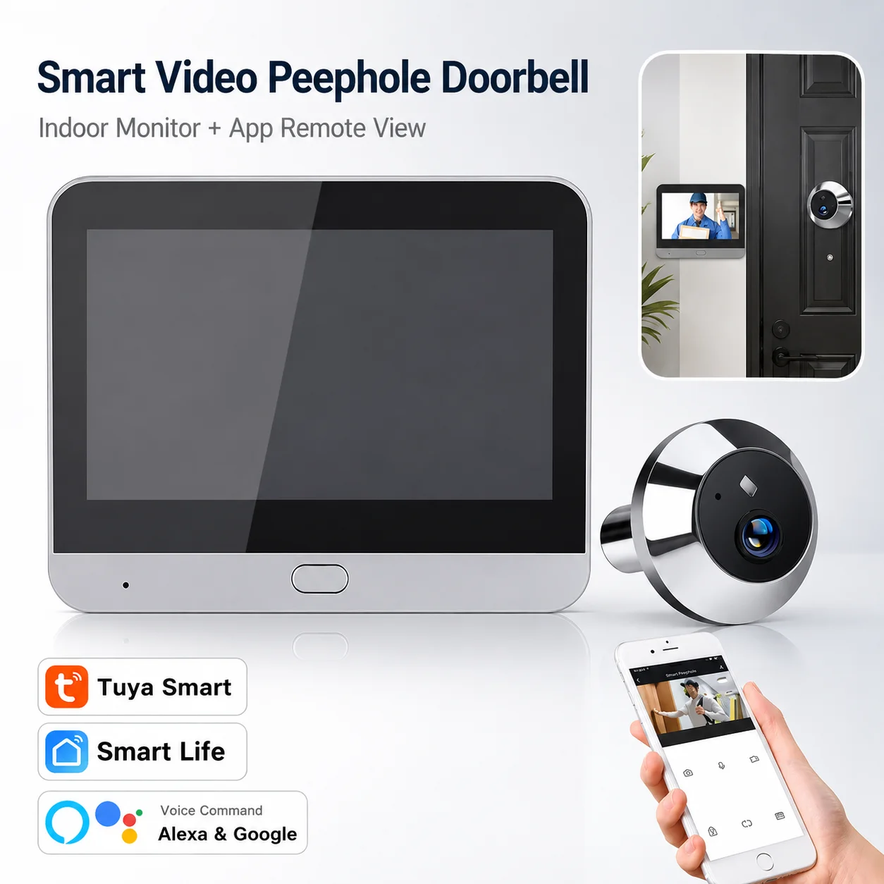 Smart Peephole Camera with 4.3" Screen, 5MP HD, Tuya App, Alexa Google Support, PIR Detection, Home Security Door Viewer