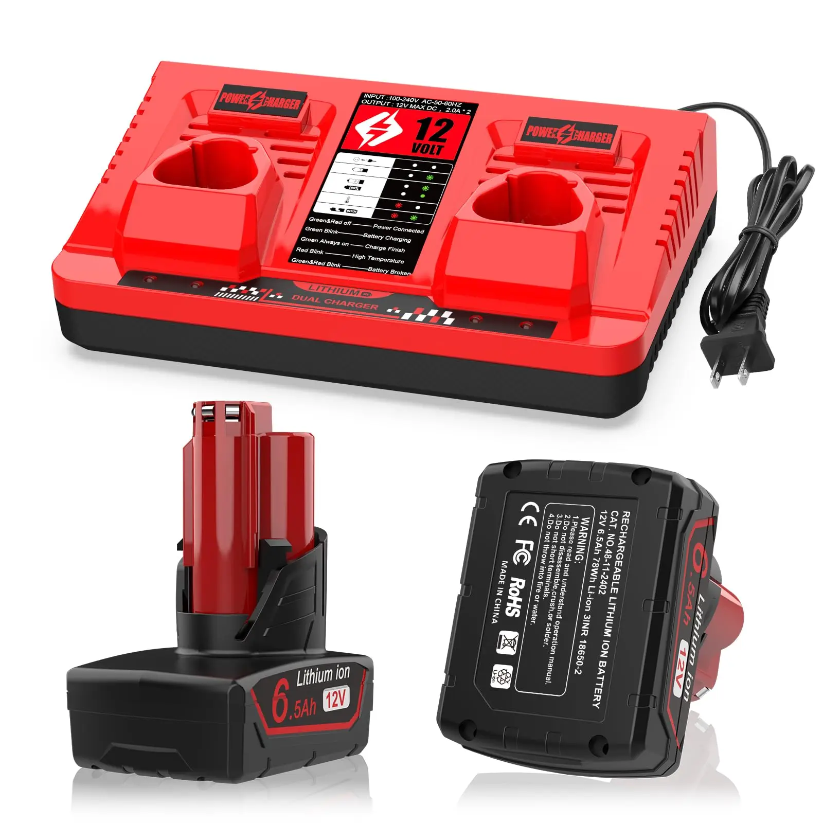 2-Pack 6.5Ah 12V Battery and Charger Set Replacement for Mil-wau-kee 12v Tools 48-11-2420 48-11-2401 48-11-2402 48-11-2450 Batte
2-Pack 6.5Ah 12V Battery and Charger Set Replacement for Mil-wau-kee 12v Tools 48-11-2420 48-11-2401 48-11-2402 48-11-2450 Batte