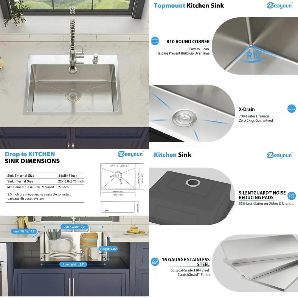 24 x 18 Stainless Steel Single Bowl Kitchen Sink, Deep Basin, 16 Gauge, Top Mount
24 x 18 Stainless Steel Single Bowl Kitchen Sink, Deep Basin, 16 Gauge, Top Mount