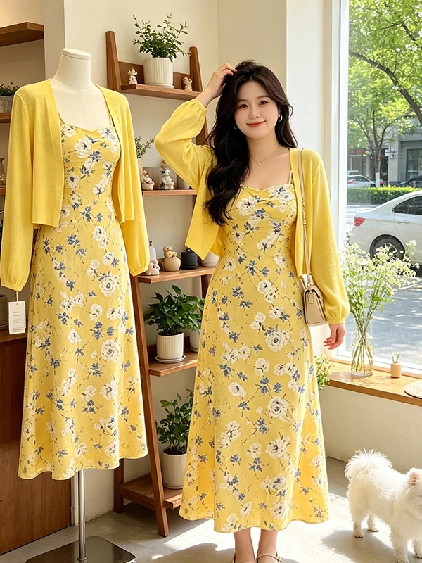 plus Size Yellow Floral Print Strap Dress Long Sleeve Cardigan Set Women Summer New Style Slimming Two Piece Set Korean Style
plus Size Yellow Floral Print Strap Dress Long Sleeve Cardigan Set Women Summer New Style Slimming Two Piece Set Korean Style