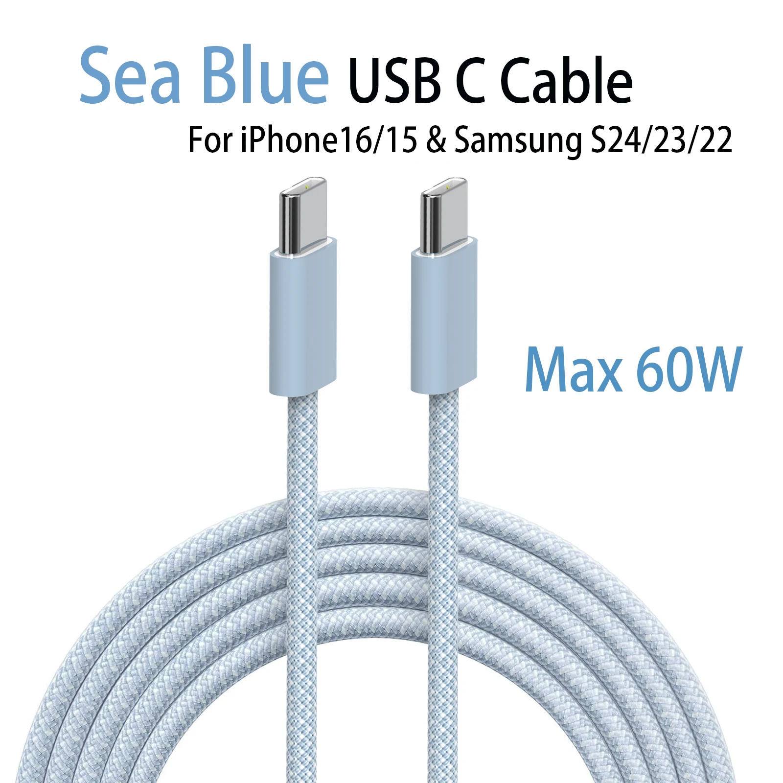 Sea Blue Type C 60W Fast Charging Cable with Durable Nylon Braided Design for iPhone16/15, iPad, Macbook, Samsung S24/23/22, etc
Sea Blue Type C 60W Fast Charging Cable with Durable Nylon Braided Design for iPhone16/15, iPad, Macbook, Samsung S24/23/22, etc