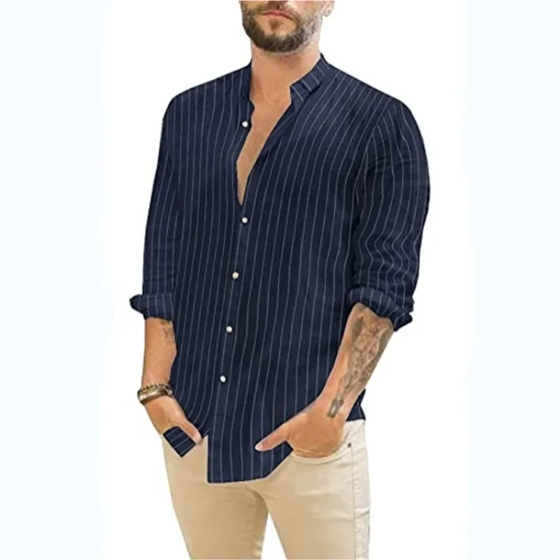 Mens Top Striped Cardigan Linen Casual Standing Collar Long Sleeved Shirt for Men
Mens Top Striped Cardigan Linen Casual Standing Collar Long Sleeved Shirt for Men