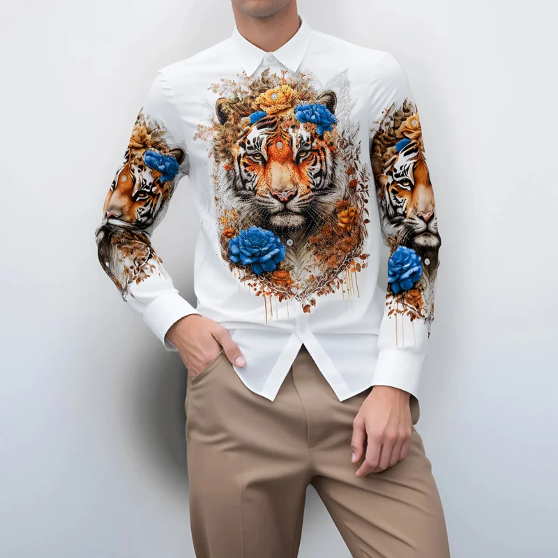 Мужская рубашка с принтом головы тигра и стразами, облегающая, комфортная, не требующая глажки, модная повседневная рубашка
Мужская рубашка с принтом головы тигра и стразами, облегающая, комфортная, не требующая глажки, модная повседневная рубашка