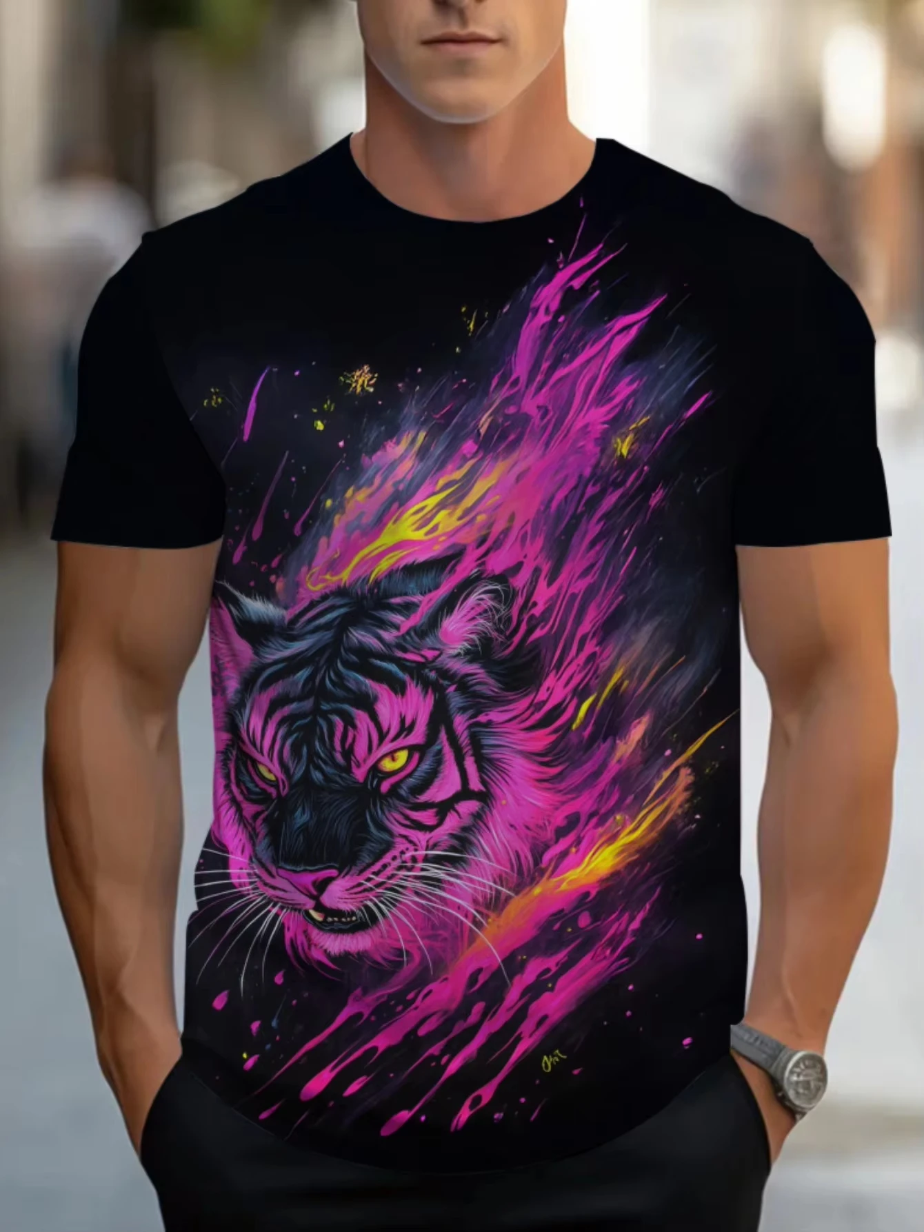 Мужская футболка с рисунком космического тигра, энергичная черная неоновая розовая желтая футболка с брызгами, повседневная удобная футболка с круглым вырезом
Мужская футболка с рисунком космического тигра, энергичная черная неоновая розовая желтая футболка с брызгами, повседневная удобная футболка с круглым вырезом