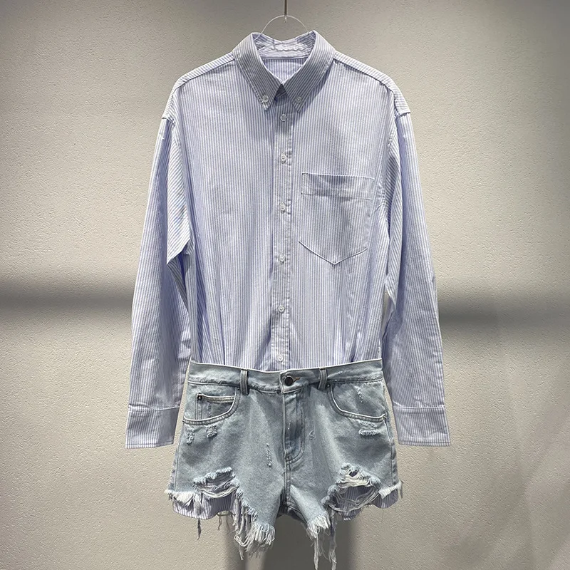 2025 summer new lapel blue striped patchwork denim jumpsuit fake two jumpsuits for women
2025 summer new lapel blue striped patchwork denim jumpsuit fake two jumpsuits for women