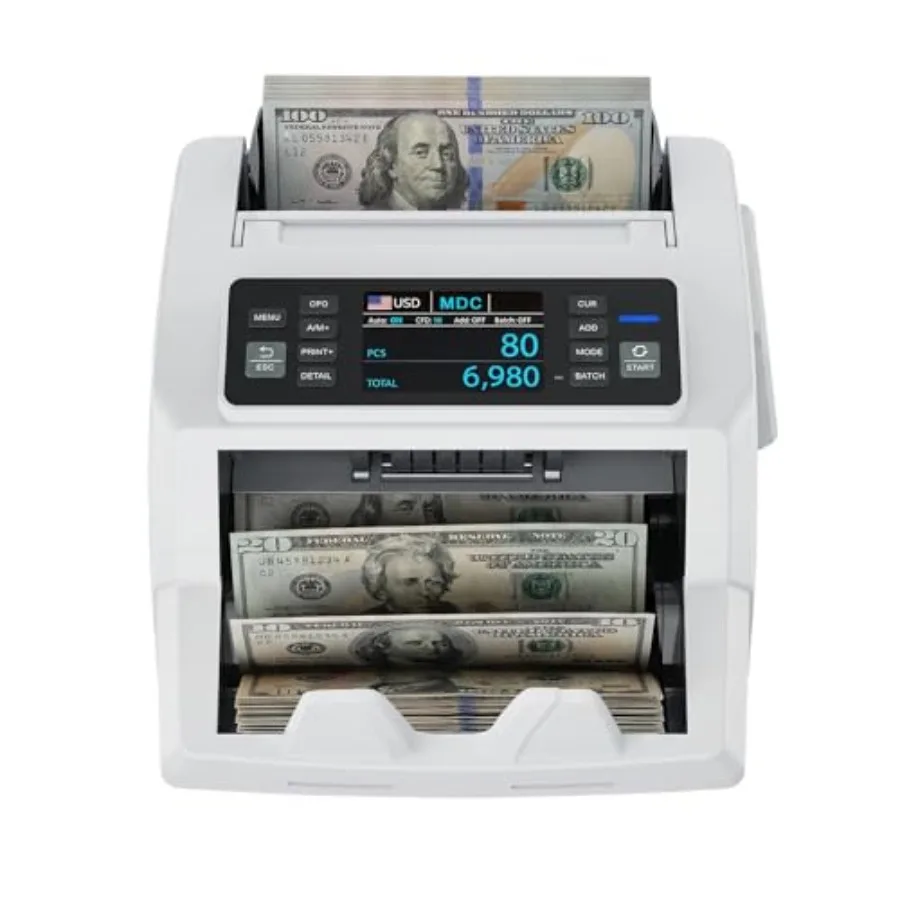 Money counter and counterfeit detector for USD/EUR/MXN/GBP/CAD with CIS/UV/MG/IR/DD security, dual-display, white plastic housi
Money counter and counterfeit detector for USD/EUR/MXN/GBP/CAD with CIS/UV/MG/IR/DD security, dual-display, white plastic housi